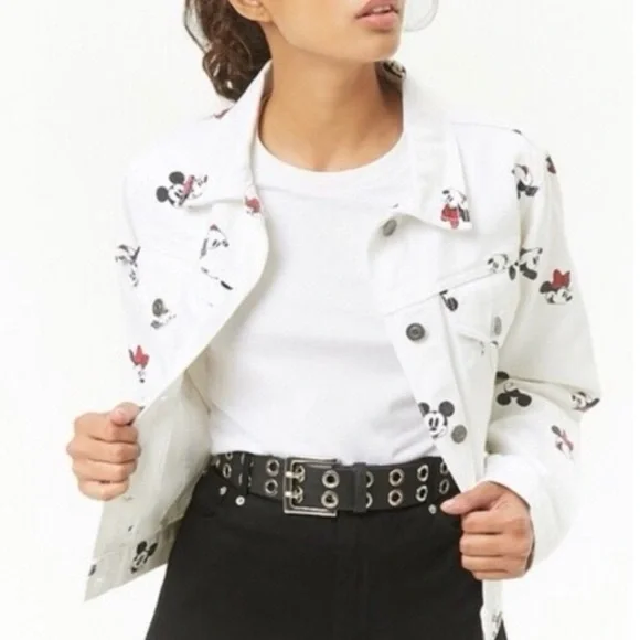 Disney Mickey & Minnie Mouse White Denim Crop Top Jacket Small - Picture 3 of 9